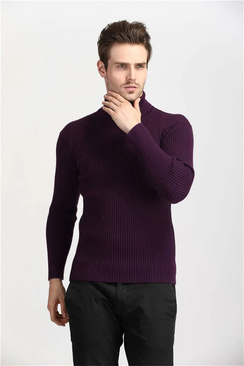 Зимний толстый теплый кашемировый мужской свитер с высоким воротом, мужские свитера, приталенный Мужской пуловер, Классический шерстяной вязаный свитер для мужчин - Цвет: Purple