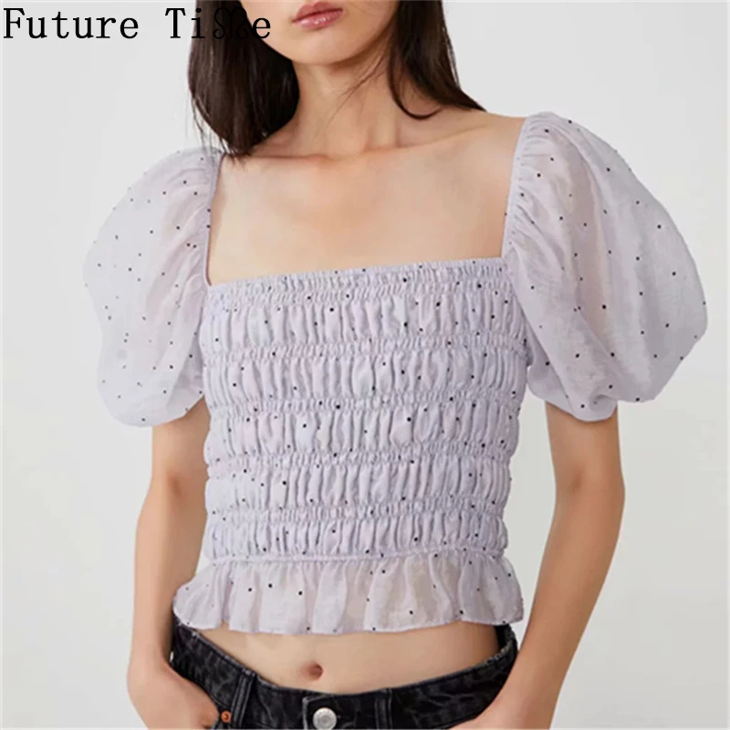 

Future Time In Vogue Amazon Puff Sleeve Square Cut Neck Blouse French Crop Top Ribbons Short Polka Dot Top Flounced ClothesGX179