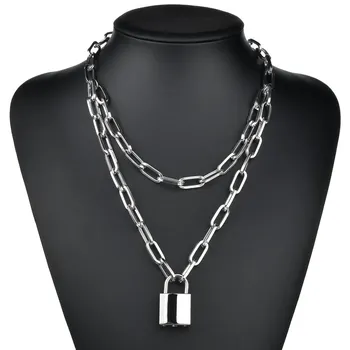 

Vintage Double layer Lock chain necklace pendant necklace women silver Gold padlock Hip hop punk fashion gothic chains jewelry