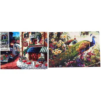 

2 Set Diy Oil Painting Paint By Number Kits Home Decor Frameless- Peacock Flowers & Small Town