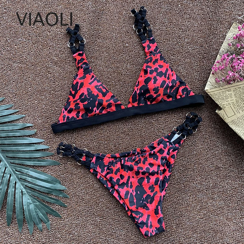 

Sexy Red leopard print Swimwear Low Waist Two Piece Bikini Set Padded Push-up Swimsuit Bikini Bathing Suit girls bathing suit
