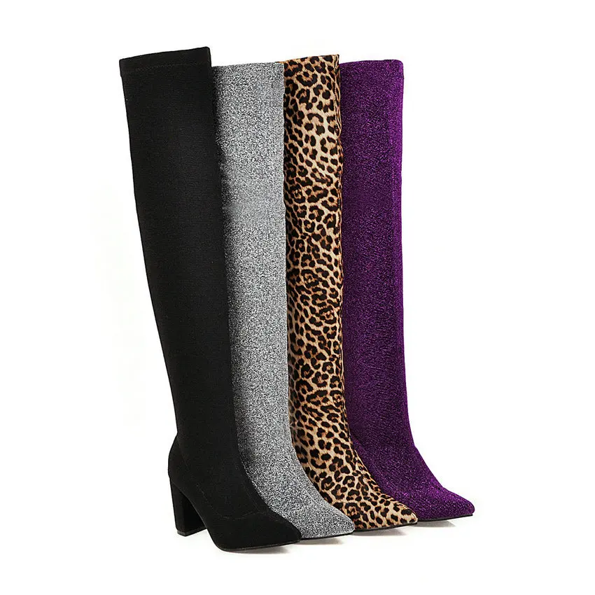 QUTAA/ г. Модные леопардовые ботфорты из эластичной ткани зимняя пикантная женская обувь на высоком квадратном каблуке без застежки размеры 34-43