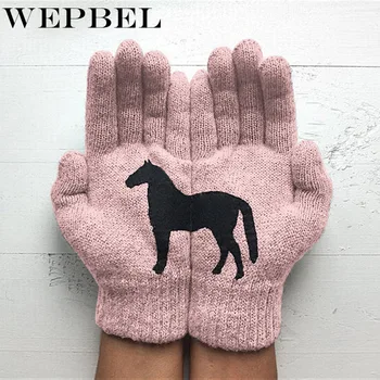 

WEPBEL Winter Warm Winter Touch Autumn Thick Black Horse Printing Gloves Screen Female Gloves For Women Christmas