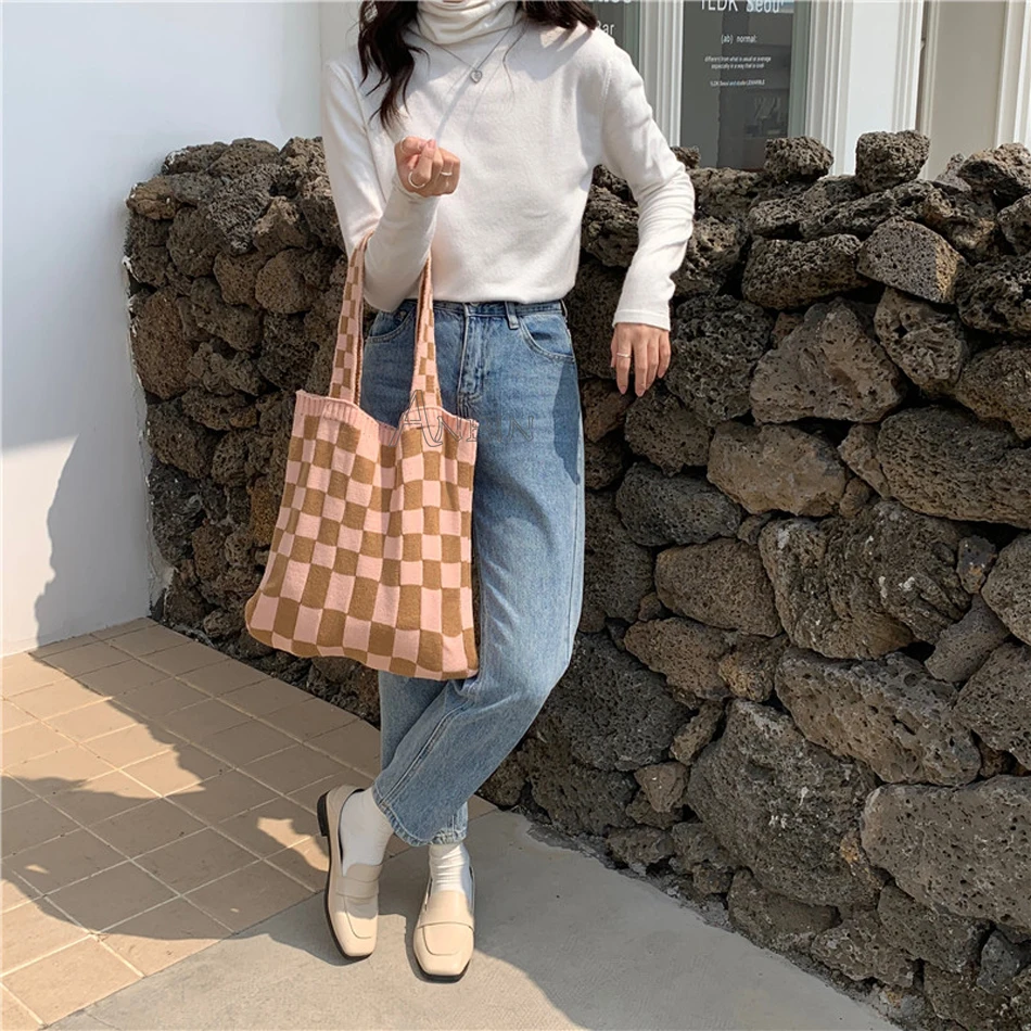 Women's Checkerboard Shoulder Bags Design Knitted Tote Casual Weave Woolen Retro Plaid Handbag Female Fashion Daily Shopping Bag