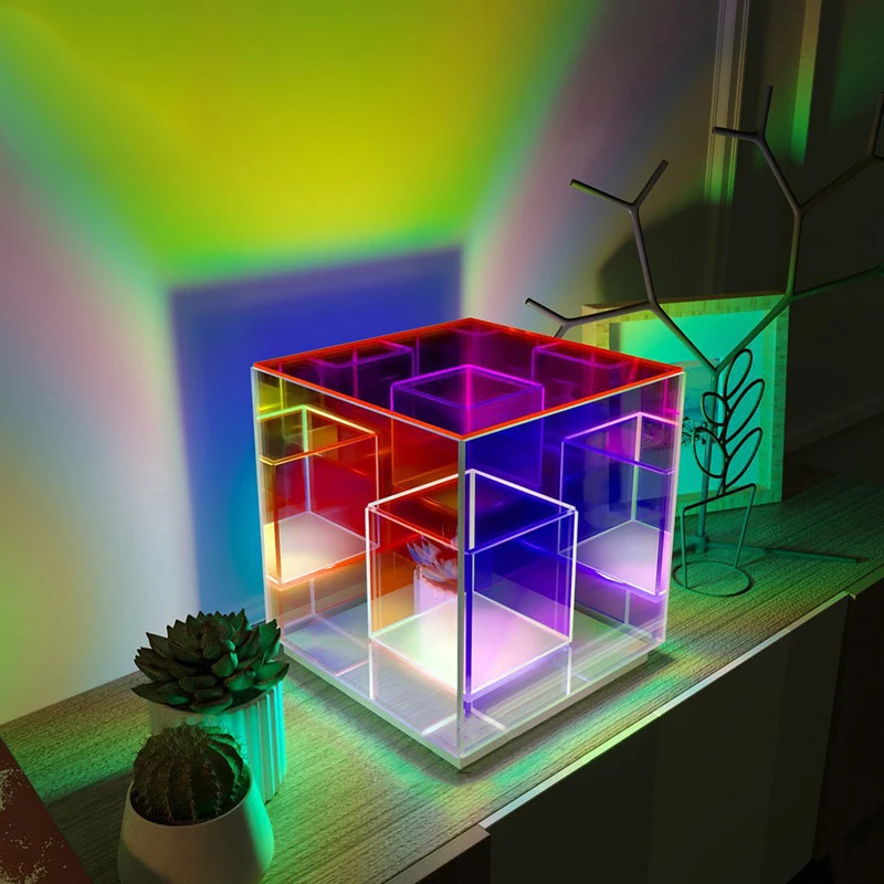 2021 new LED Corlorful Cube Desk Lamp CChristmas present Modern Design Acrylic Pyramid Night Light Bedroom Bedside table light | Лампы и