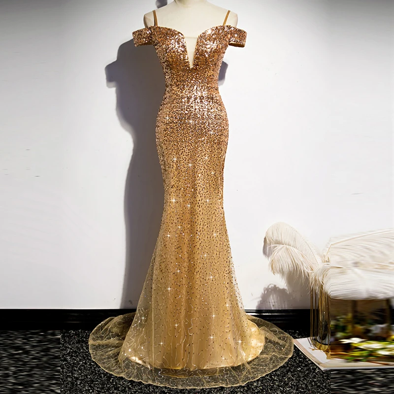 Gold Prom Dresses Sequin Off Shoulder 