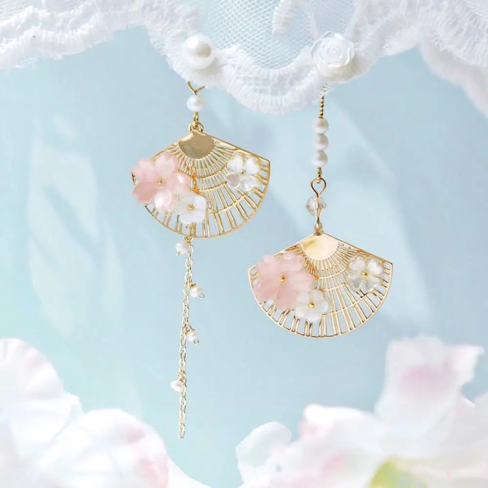 Pendant Earrings Flower Fairy-Shell Fan-Shaped S925-Fan Asymmetrical Japanese Super Mori
