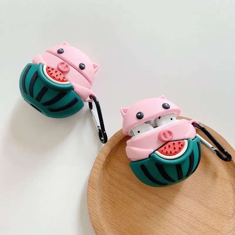Watermelon Pig Pattern Protective Case Silicone Cover with Carabiner for AirPods for smart watch