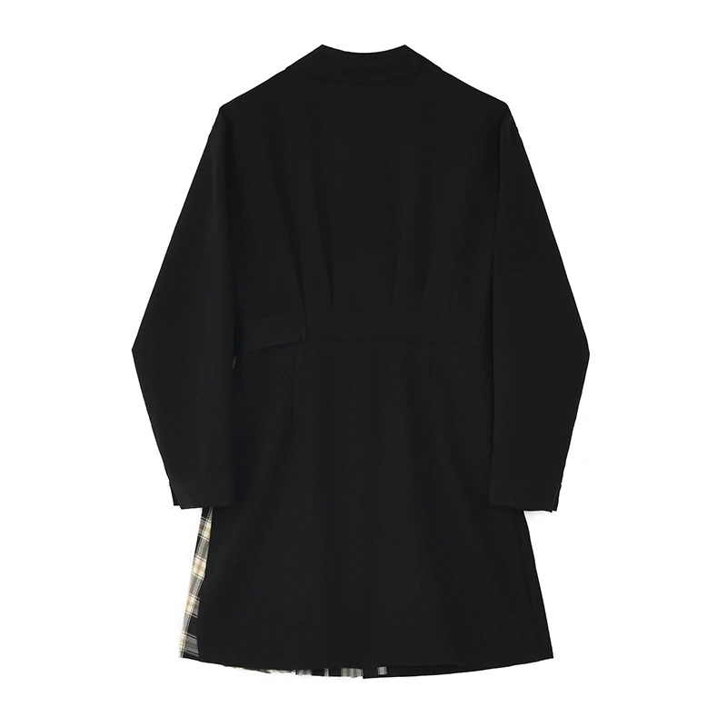 [EAM] Women Black Brief Plaid Stitch Temperament Dress New Lapel Long Sleeve Loose Fit Fashion Tide Spring Autumn 2020 1Z704