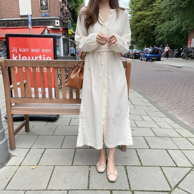 

New Autumn Girls Dress Women Vintage Cotton Linen Long Sleeve Dresses Female V neck White Dress Long Boho Robe Femme Vestido
