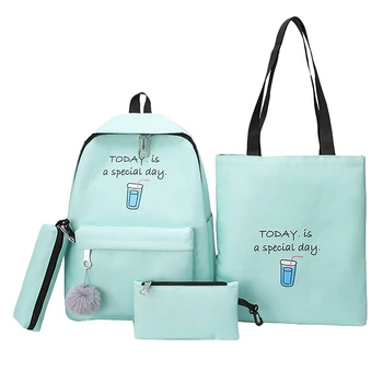 

FGGS-4Pcs/Set Letter Printing Canvas Backpack Pencil Case for Teenage Girls Student Composite Rucksack Women Totes Purse