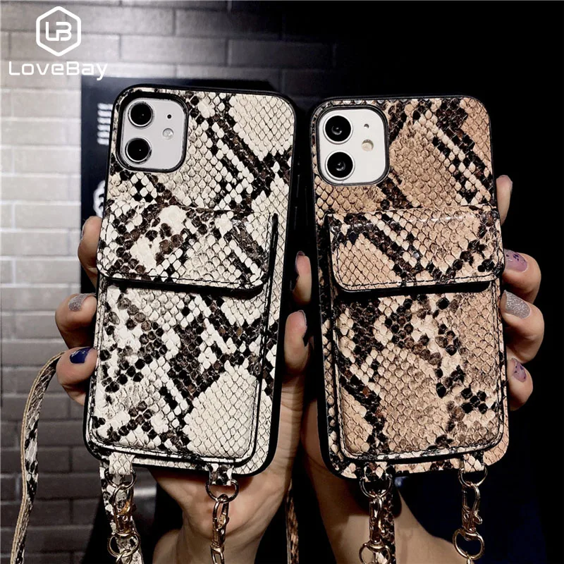 Lovebay Snakeskin Pattern Leather Wallet Phone Case For iPhone 11 Pro Max X XR XS 7 8 Plus SE 2020 Back Cover With Lanyard | Мобильные