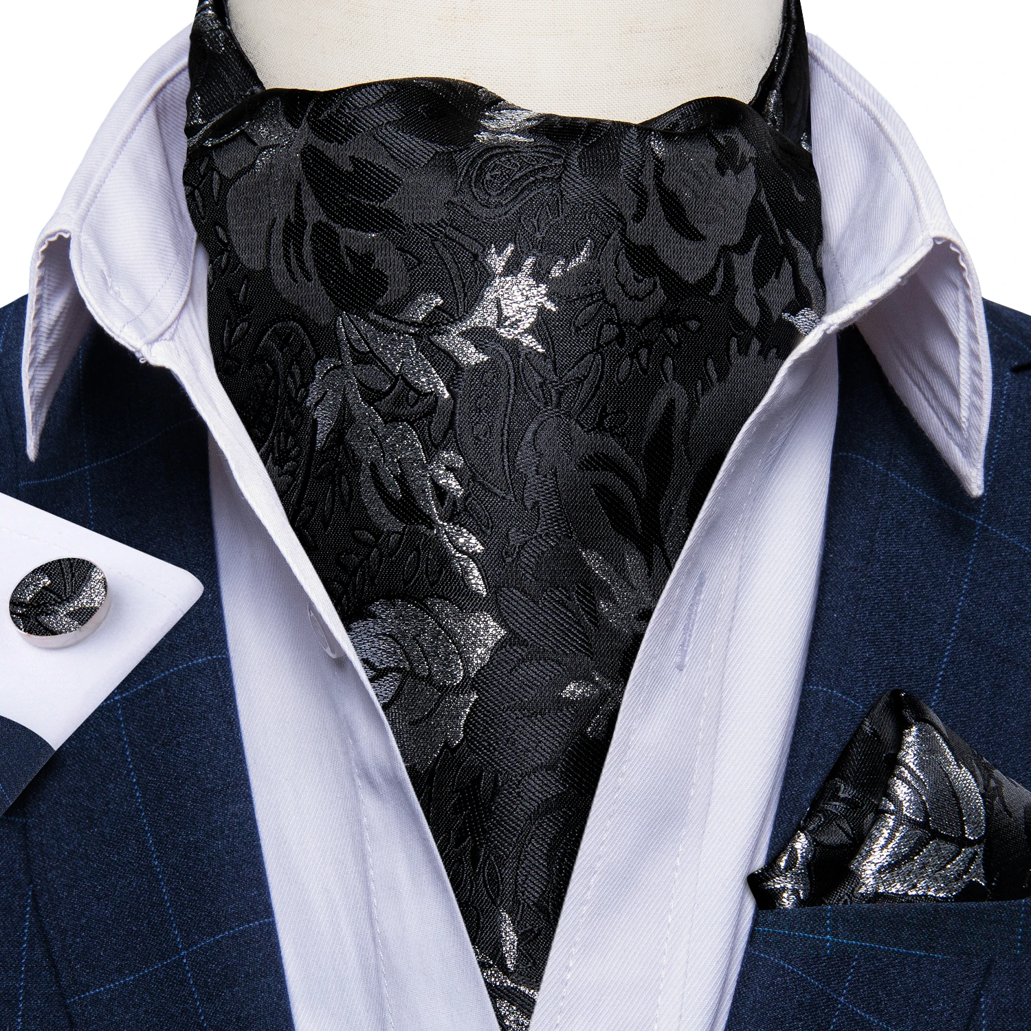 

Men Vintage Black Floral Ascot Tie Self British Style Gentleman 100% Silk Cravat Necktie Pocket Square Cufflinks 3pc Set DiBanGu