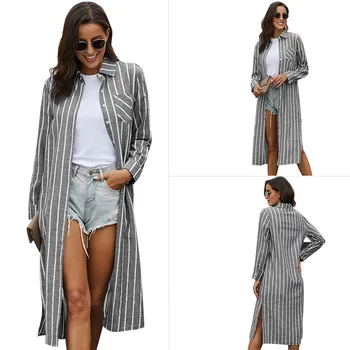 

2020 Spring New Long Coat Women Turn-down Collar Long Twotwinstyle Striped Single Breasted Womens Tops and Blouses