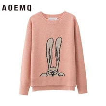 AOEMQ, модные свитера, 4 цвета, принт с кроликом из мультфильма, милые свитера с длинными ушками и вышивкой кролика, пуловеры, зимняя женская одежда