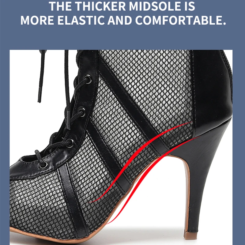 Woman Lace-up Ballroom Latin Dance Boots Girls Soft Bottom Bachata Salsa Dance Shoes for Ladies Mesh High Heels  Dance Booties