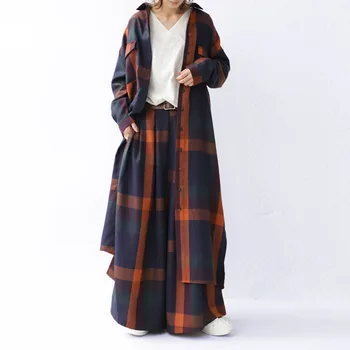 

Two Piece Sets Plaid Women Long Blouse Shirts Wide Legs Pants Spring Girls Students Sets Suit 2020 Summer Japanese Korean Sets