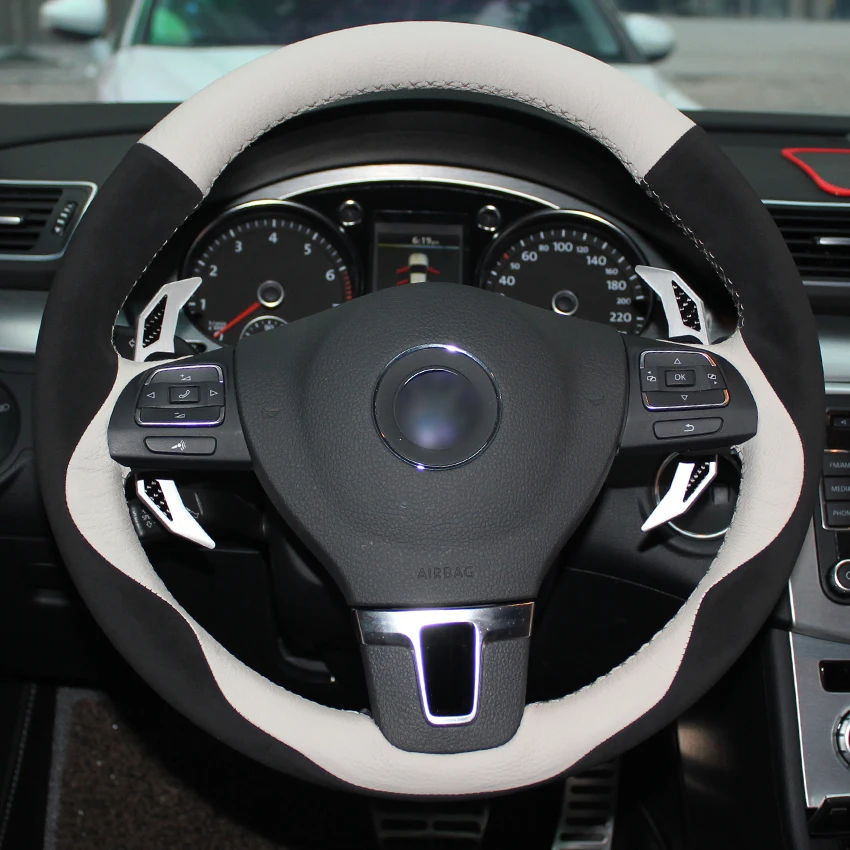 

For Volkswagen Golf Tiguan Passat B7 Passat CC Touran Magotan White Leather Black Suede Car Steering Wheel Cover