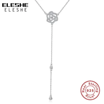 

ELESHE 925 Sterling Silver Flower Long Necklace Cubic Zirconia Statement Pendant Necklace for Women Adjustable Chain Jewelry