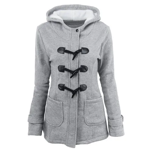 Light Grey Модная осенне-зимняя куртка с капюшоном и роговыми пряжками, женское разноцветное повседневное теплое пальто с карманами, уличная куртка большого размера в стиле хип-хоп, S-6XL - Цвет: Light Grey