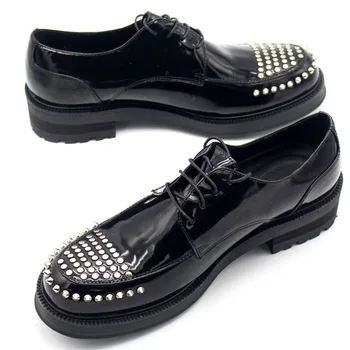 

Luxury Solid Black Round Toe Platform Shoes Men Handmade Rivet Lace Up Genuine Leather Oxford Shoes Increased Man Party Footwear