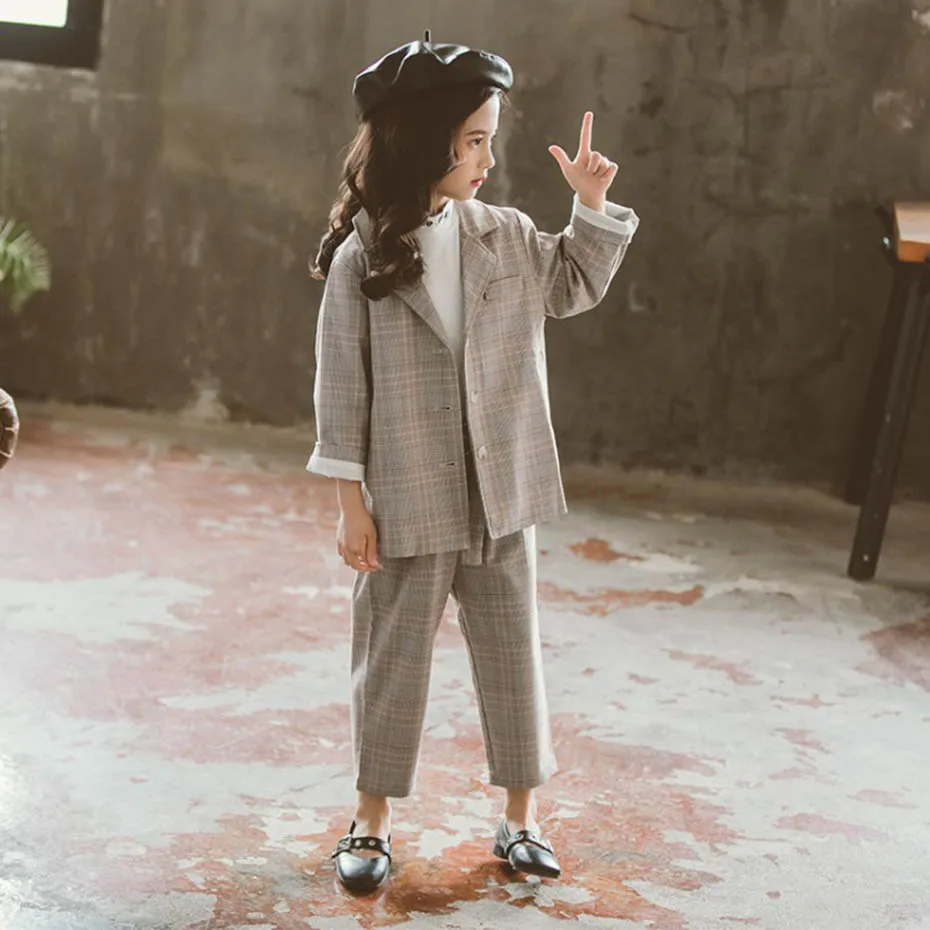 Одежда для подростков, девочек Повседневное пиджак и юбка костюм со штанами для девочек, штаны с эластичной резинкой на талии с одежда с поясом для девочек на осень в Корейском стиле детские костюмы