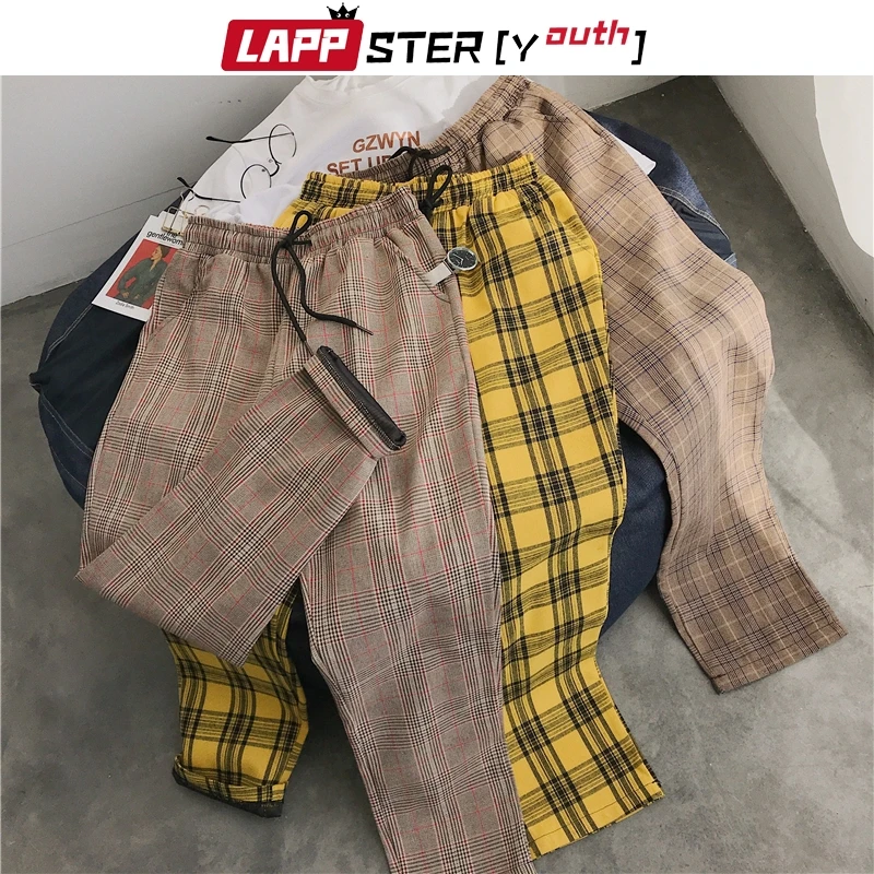 LAPPSTER Youth Streetwear Black Plaid Pants Men Joggers 2020 Mens Straight Harem Pants Men Korean Hip Hop Trousers Plus Size