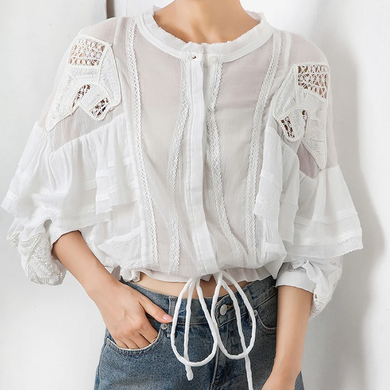MIAOQING Ruffled patchwork shirt for women O cutouts with long sleeves and bow bandages for summer