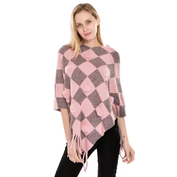 

New 2 color check rabbit fur ball knitted shawl simple elegant color matching tassel ponchos and capes