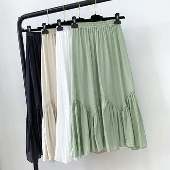 

Summer Cool Silk-feel A-line Boho Chiffon Long Skirts Candy Mint Green Pathchwork Pleated Calf Long Skirts