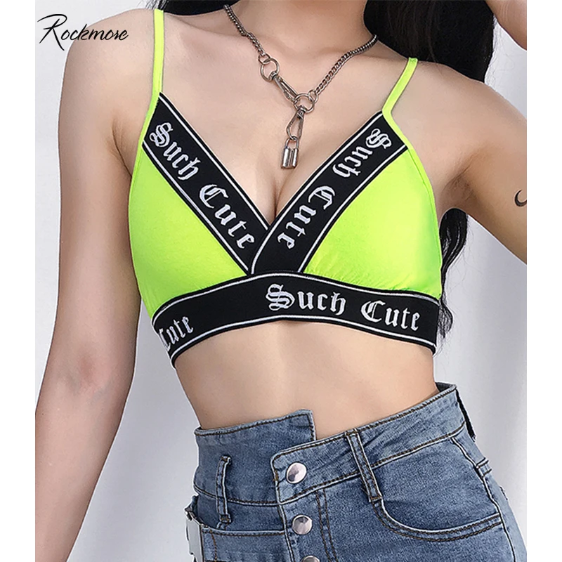 Rockmore с буквенным принтом Глубокий V Спагетти ремень для женщин Bodycon хлопок Strappy Camisole Crop Короткие топы Femme Фитнес Форма для гимнастики