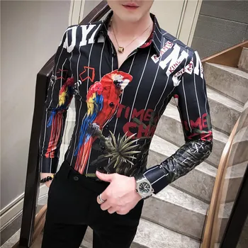 

2020 Spring Bird Print Shirt Men Baroque Casual Slim Fit Tuxedo Dress Shirt Camisa Homem Streetwear Social Long Sleeve Shirt
