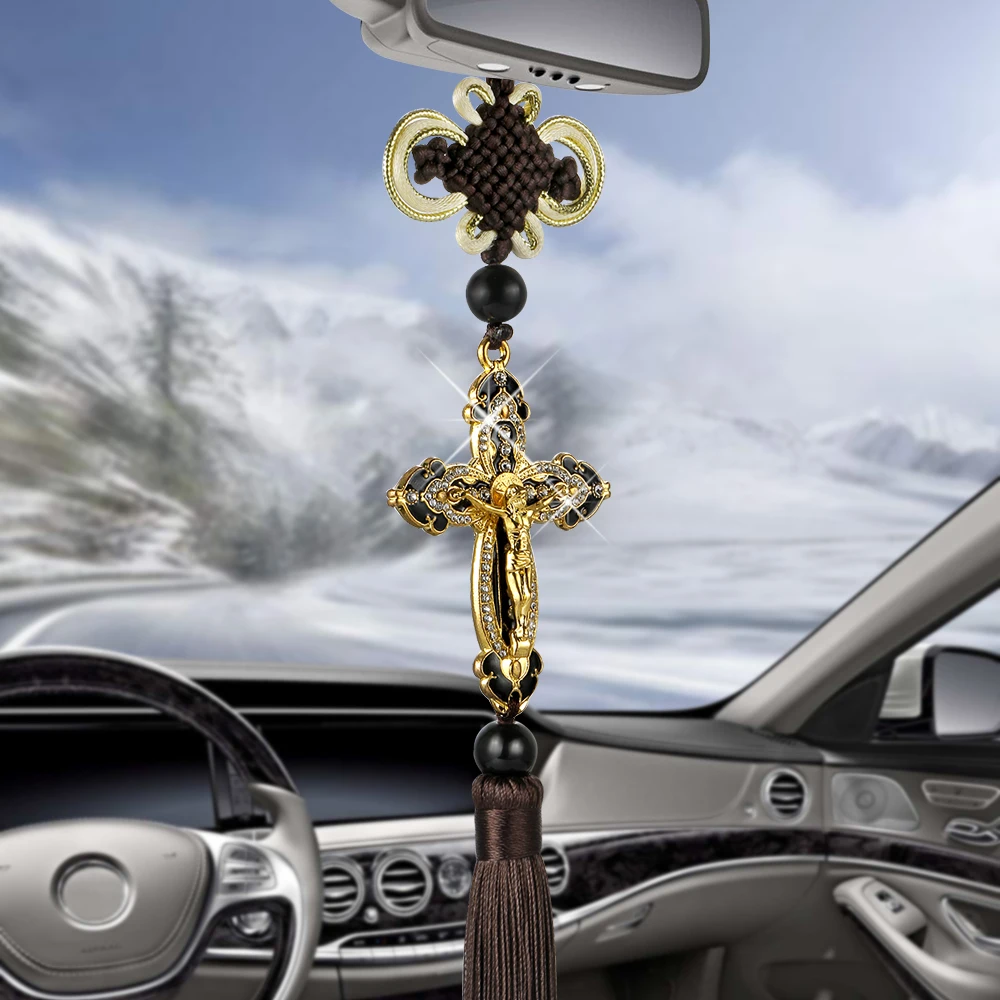 Chapelet Catholique Voiture Chapelet Voiture Sibba - 2 Pièces - Croix Argentée - 18cm - Décoration Rétroviseur Religieuse Pendentif Croix Perles Argent
