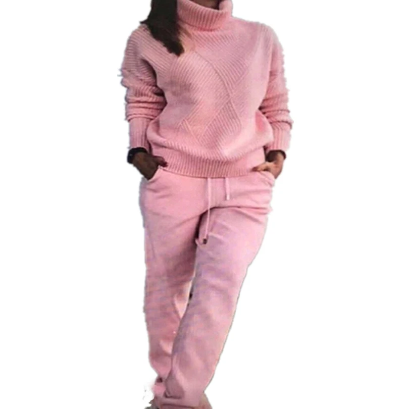 Pink MVGIRLRU женщина свитер Костюмы повседневное вязаный спортивный костюм водолазка пуловеры для женщин+ брюки девочек комплект из двух предметов женские наряды - Цвет: Pink