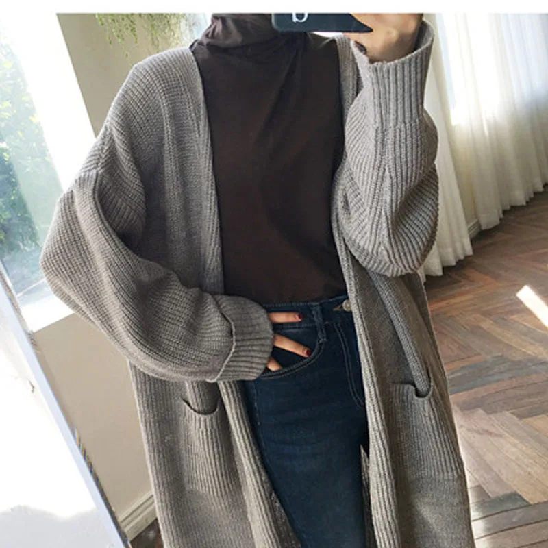 Mulheres Da Moda Blusas манга Longa Blusas de Malha Longo кардиган Повседневный Preto e Cinza Roupas de