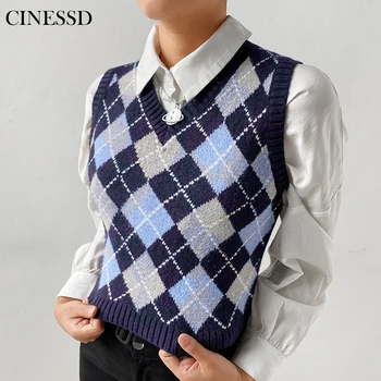 

England Style Argyle Plaid Knit Sweater Vest Women 2020 Sleeveless V Neck Crop Top Casual Autumn Outwear Clothes Y2K Tops femme