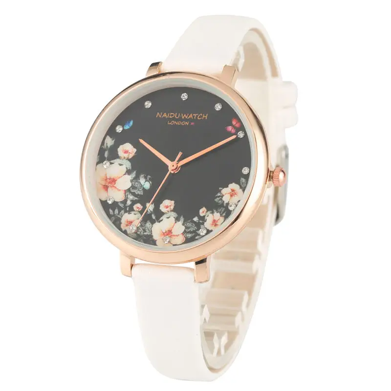 

Fashionable Quartz Leather Strap Watch for Lady Creative Flower Pattern Dial famale Watches Stainless Steel Case montre femme