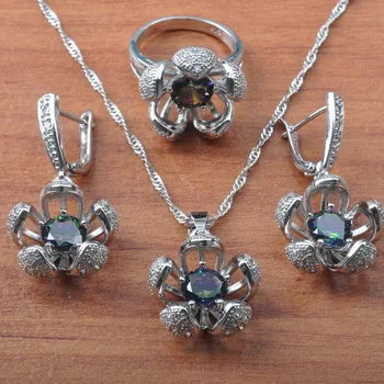 

Amazing Multicolor Rainbow Silver Color Jewelry Sets For Women Brithday Gift Earrings Necklace Pendant Rings Set JS0620