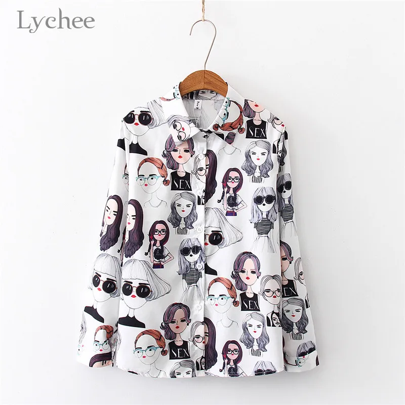Lychee Harajuku мода для девочек характер женская рубашка Блузка полный принт кнопка женские рубашки Топы повседневные свободные Весенние женские блузки