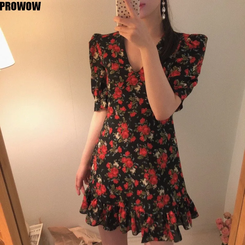 2020 Summer Vintage Floral Women Mini Dress Korean Ruffle Puff Short Sleeve V Neck Dresses Vestidos Feminimo