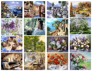 

Frameless Canvas diy oil painting Landscape house flowers acrylic paint wall painting from the digital unique gifts Home decor