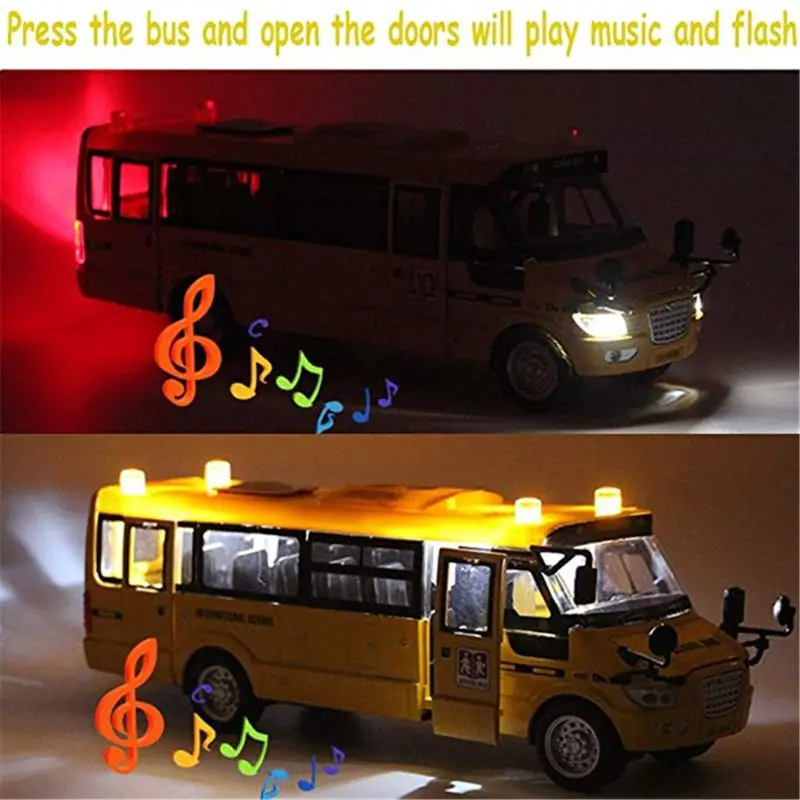 

School Bus Toy Die Cast Vehicles Yellow Large Alloy Pull Back 9'' Play Bus with Sounds and Lights for Kids