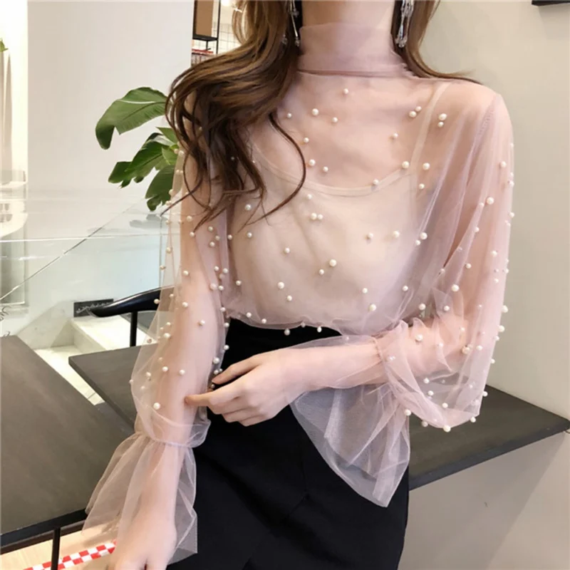

2019 Spring Long Flare Sleeve Bow Tie Mesh Blouses Women Transparent Sexy Mesh Shirts Women Work Pearl Mesh Tops Bow Tops