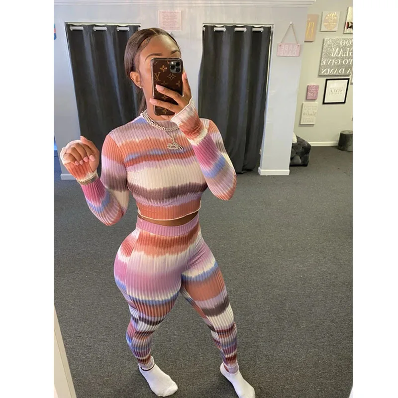 

Striped Two Piece Sets For Women Tracksuits Basic Long Sleeve Crop Top and Pants Slim Bodycon Female Outfits Activity Wear