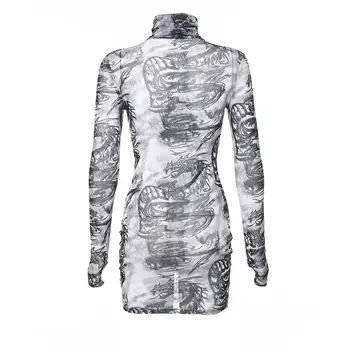 

Fashion Spring And Autumn New Dress Chinese Style Sweatshirt Turtleneck Slim Long Sleeve Ink Dragon Print Dress