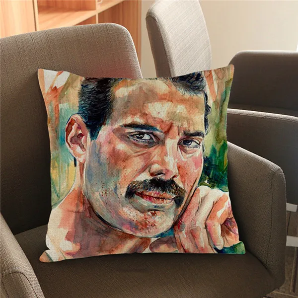 Queen Band Music Art Freddie Mercury Watercolor Vintage Portrait Cushion Cover Poster Design Decorative Sofa Throw Pillow Cover
