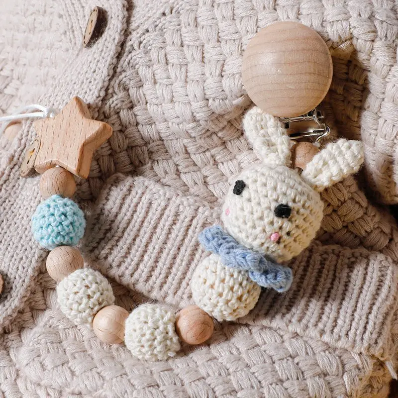 wooden beads and wooden clasp Dummy clip with name Schnullerkette mit Namen Personalized pacifier clip with crochet rabbit