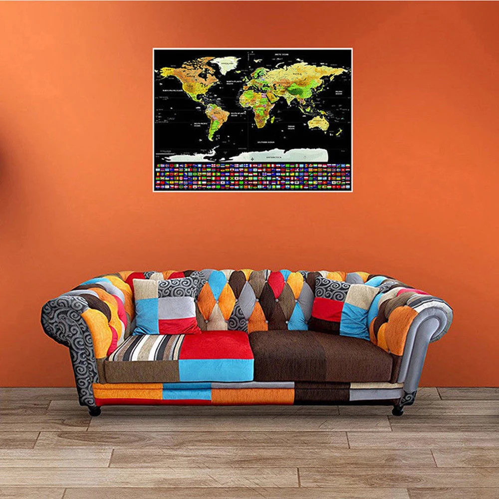 Роскошная большая стираемая карта мира, Дорожная карта 82,5x59,4 см, национальный флаг, царапающаяся карта, черная карта, настенная наклейка, украшение