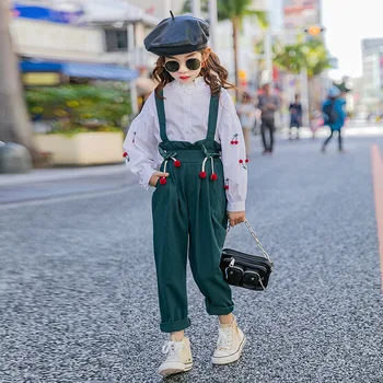 

2020 autumn top quality high fashion girls clothing sets long sleeve white blouse +overalls kids children clothes 12 years old