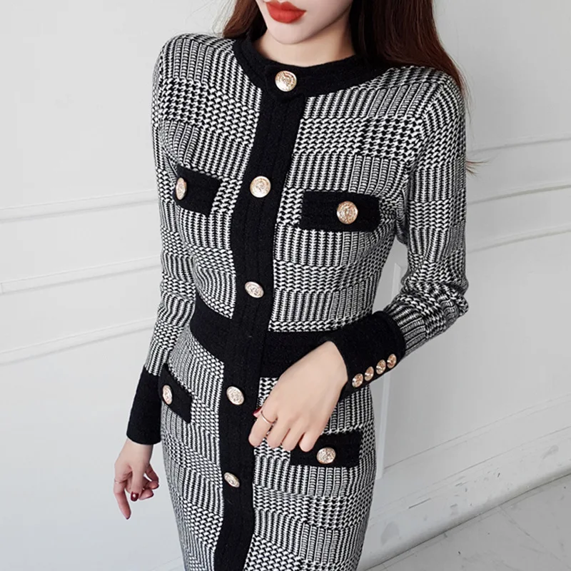^Cheap Korean Dogstooth Knitted Long Dress Fall Winter Knitting Sweater Swallow Gird Black White Dresses Wool Warm 3D Print Dress ^Cheap Korean Dogstooth Knitted Long Dress Fall Winter Knitting Sweater Swallow Gird Black White Dresses Wool Warm 3D Print Dress